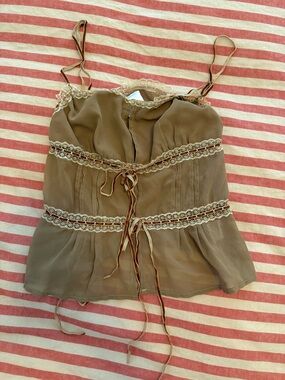 Lace-Trim Brown Spaghetti Strap Women's Top